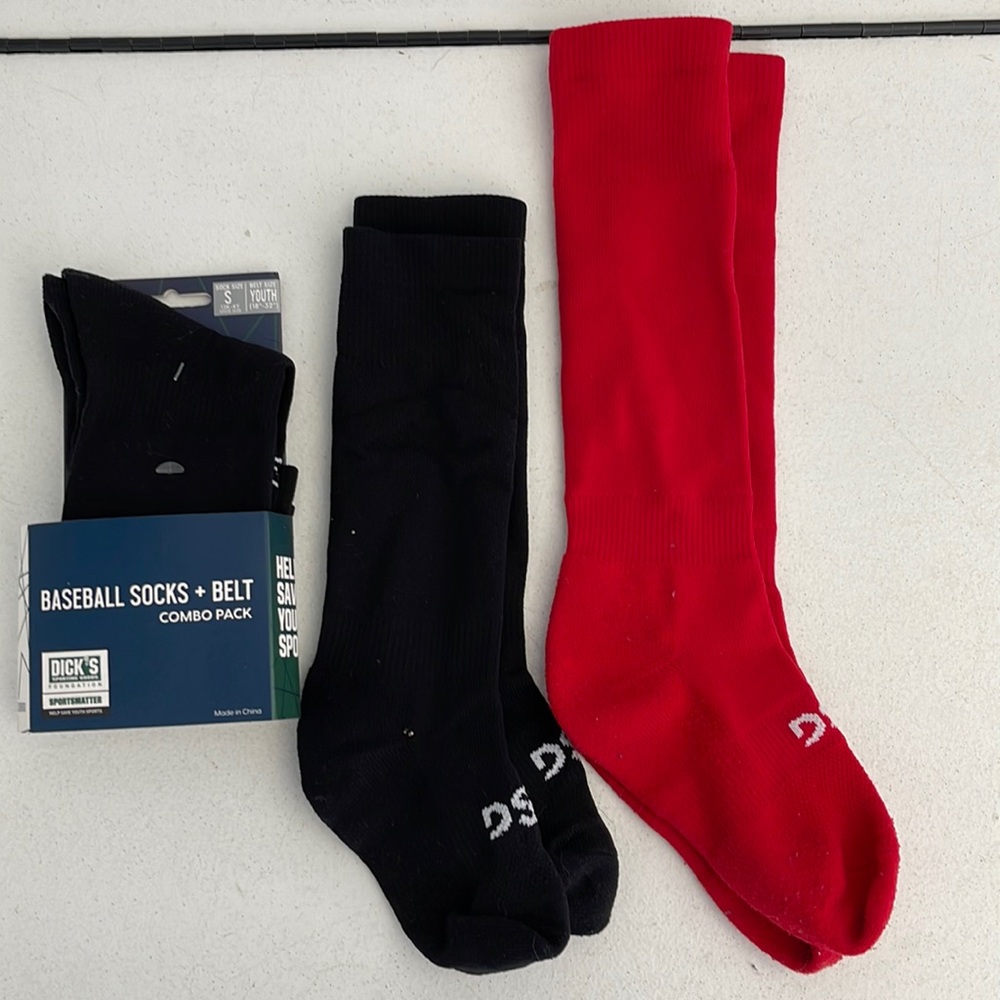 Kids baseball socks - 1 black new 1 black lightly worn 1 red lightly worn